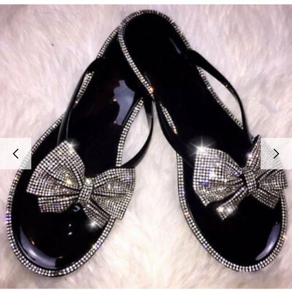 Rhinestone bow, jelly, flip-flops. Black. Never worn. Size 6. - Picture 5 of 7